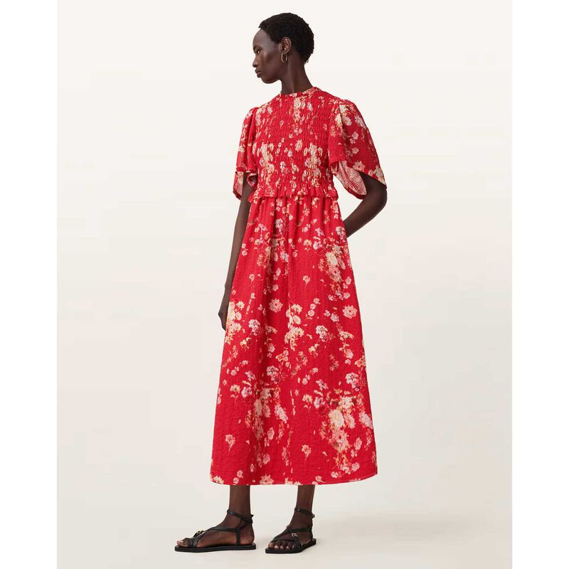 AllSaints Mya Floral Print Shirred Midi Dress image number 3